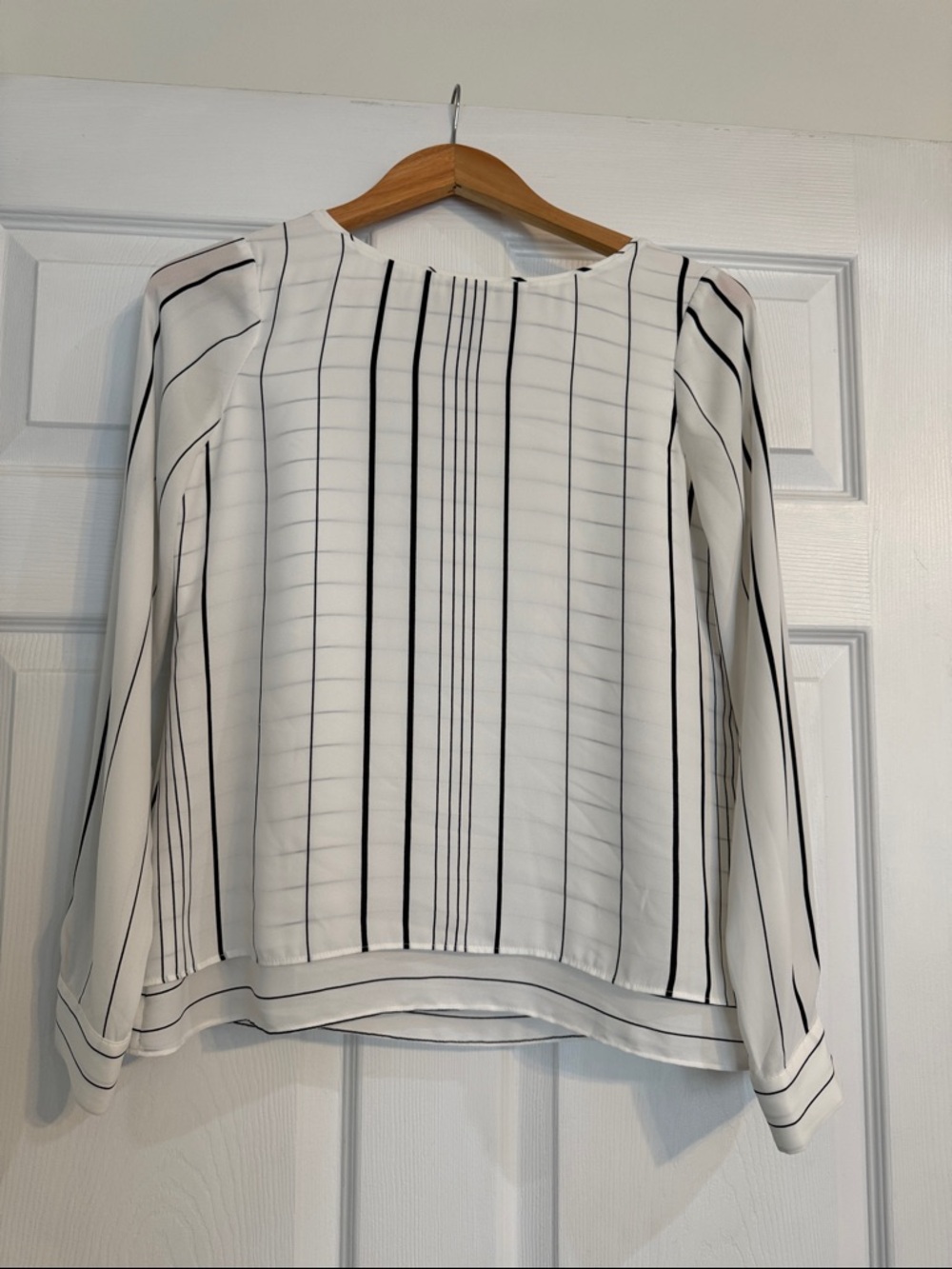 White House Black Market White Blouse with Black Vertical Stripes